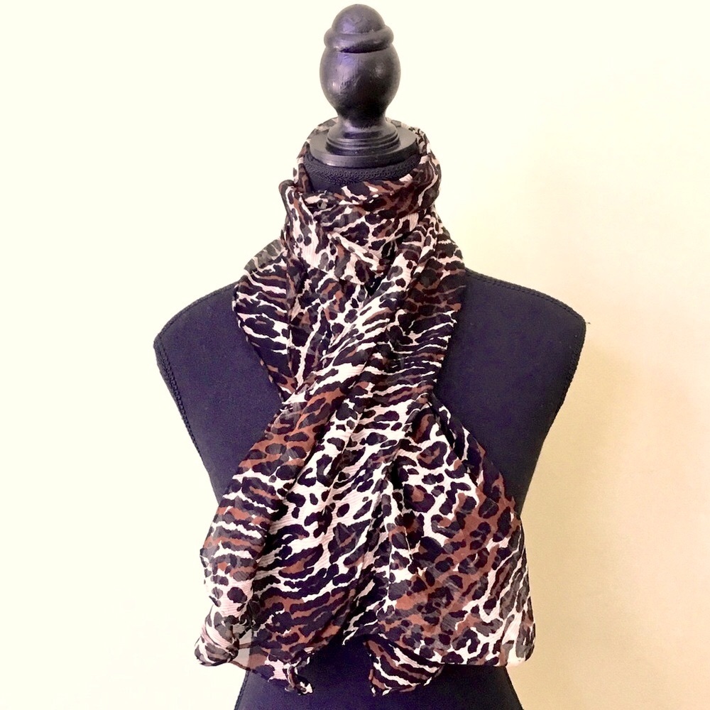 Vintage Silk Sheer Classic Leopard Print Black Brown Scarf